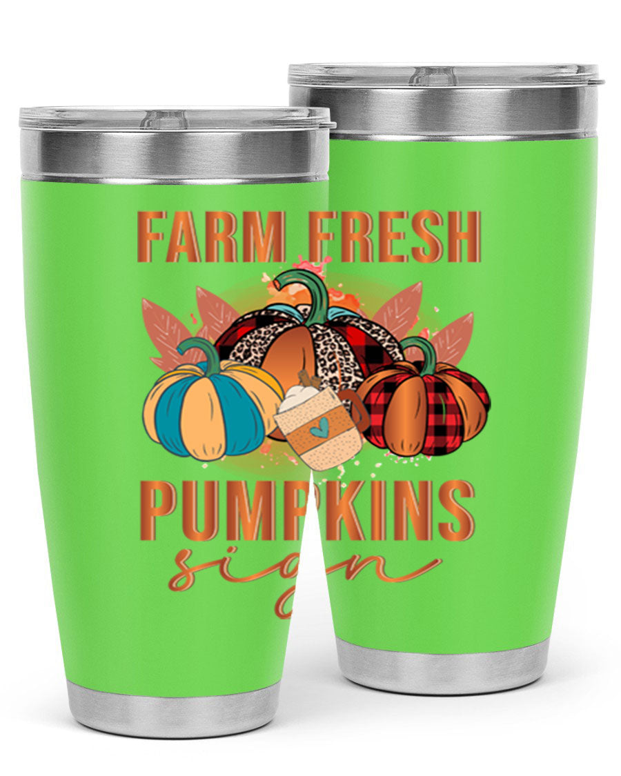 Farm Fresh Pumpkins Sign tumbler featuring a vibrant pumpkin design, made from stainless steel with a drink-thru lid.