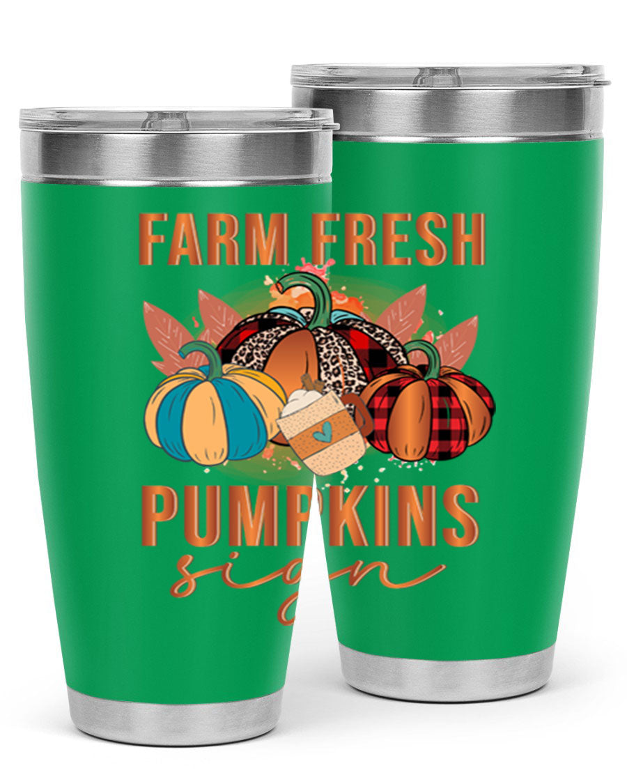 Farm Fresh Pumpkins Sign tumbler featuring a vibrant pumpkin design, made from stainless steel with a drink-thru lid.