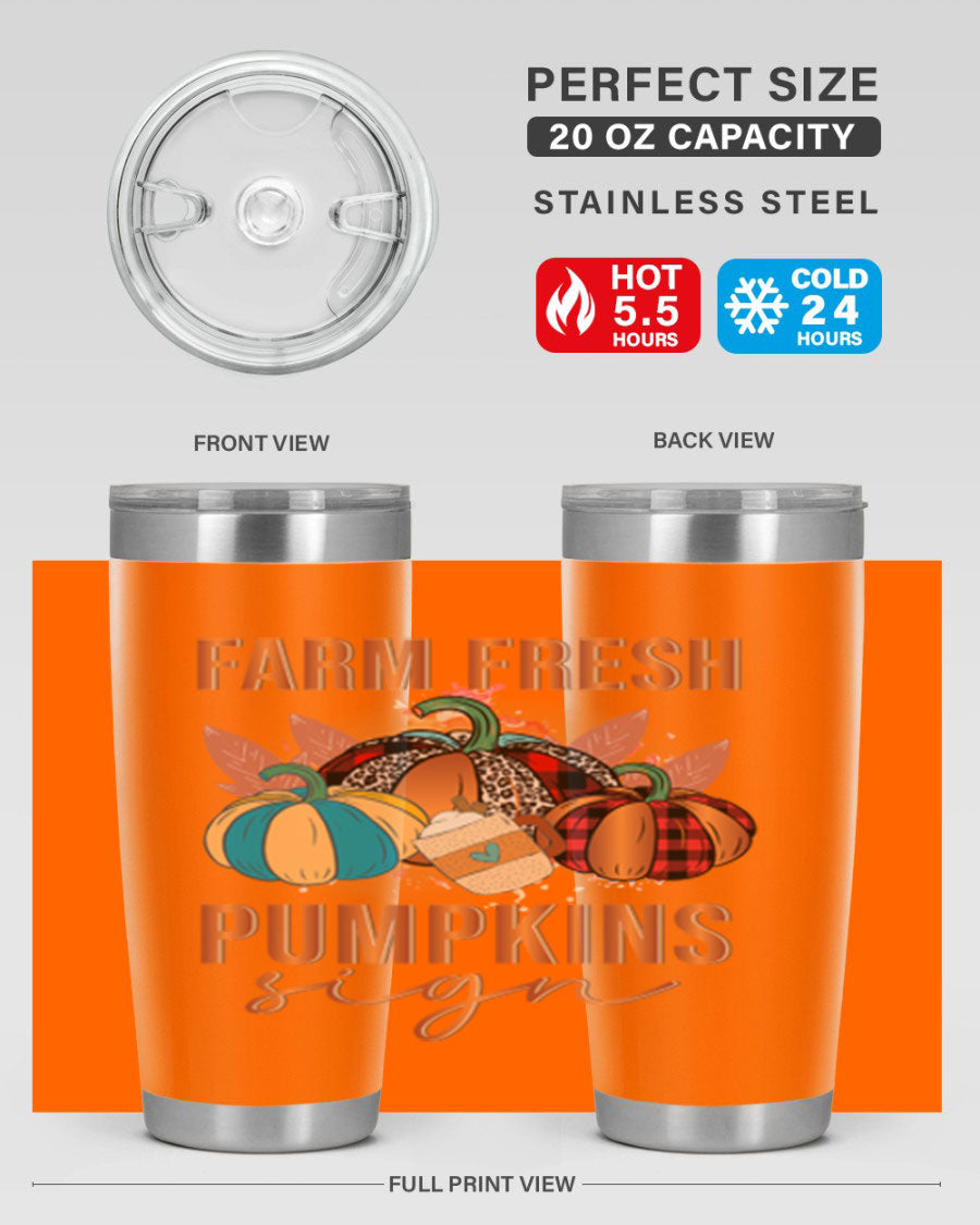 Farm Fresh Pumpkins Sign tumbler featuring a vibrant pumpkin design, made from stainless steel with a drink-thru lid.