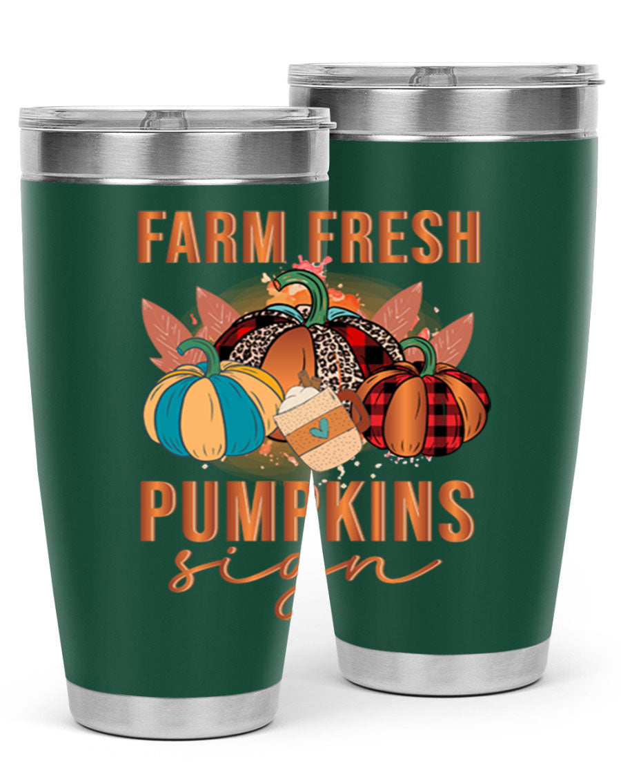 Farm Fresh Pumpkins Sign tumbler featuring a vibrant pumpkin design, made from stainless steel with a drink-thru lid.