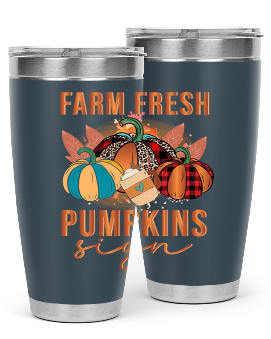 Farm Fresh Pumpkins Sign tumbler featuring a vibrant pumpkin design, made from stainless steel with a drink-thru lid.