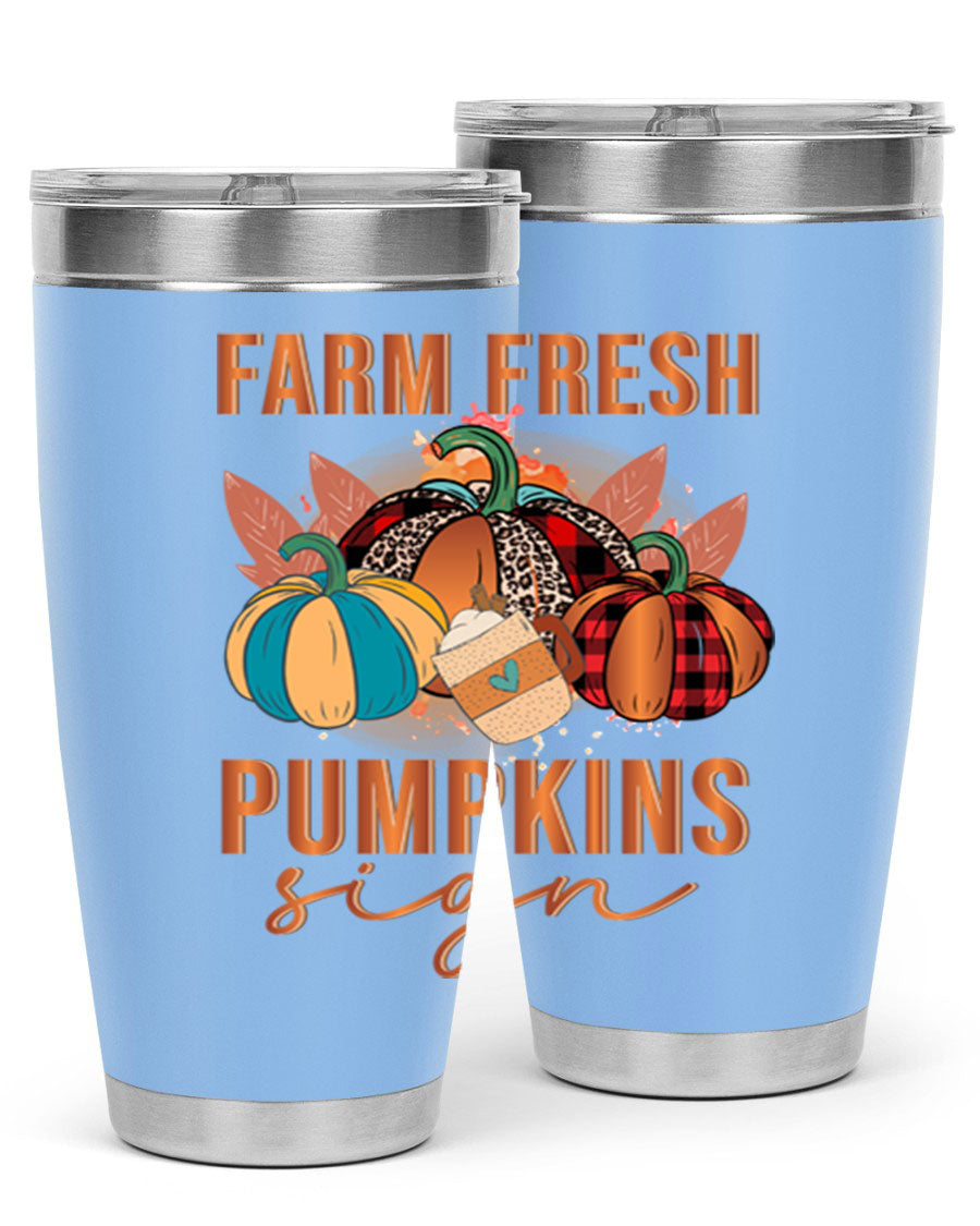 Farm Fresh Pumpkins Sign tumbler featuring a vibrant pumpkin design, made from stainless steel with a drink-thru lid.