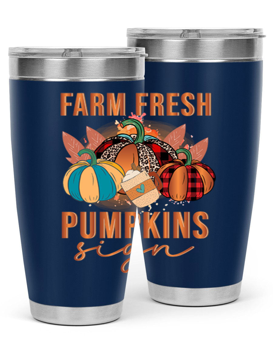Farm Fresh Pumpkins Sign tumbler featuring a vibrant pumpkin design, made from stainless steel with a drink-thru lid.
