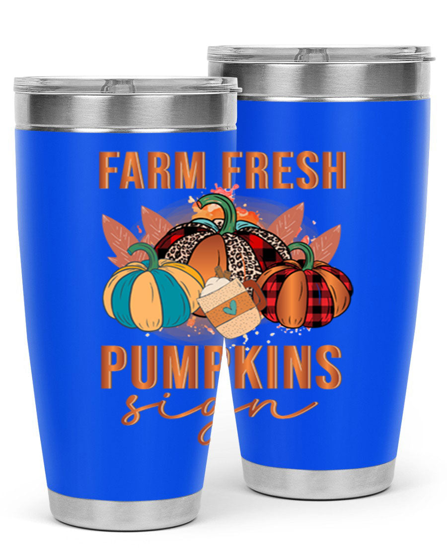 Farm Fresh Pumpkins Sign tumbler featuring a vibrant pumpkin design, made from stainless steel with a drink-thru lid.