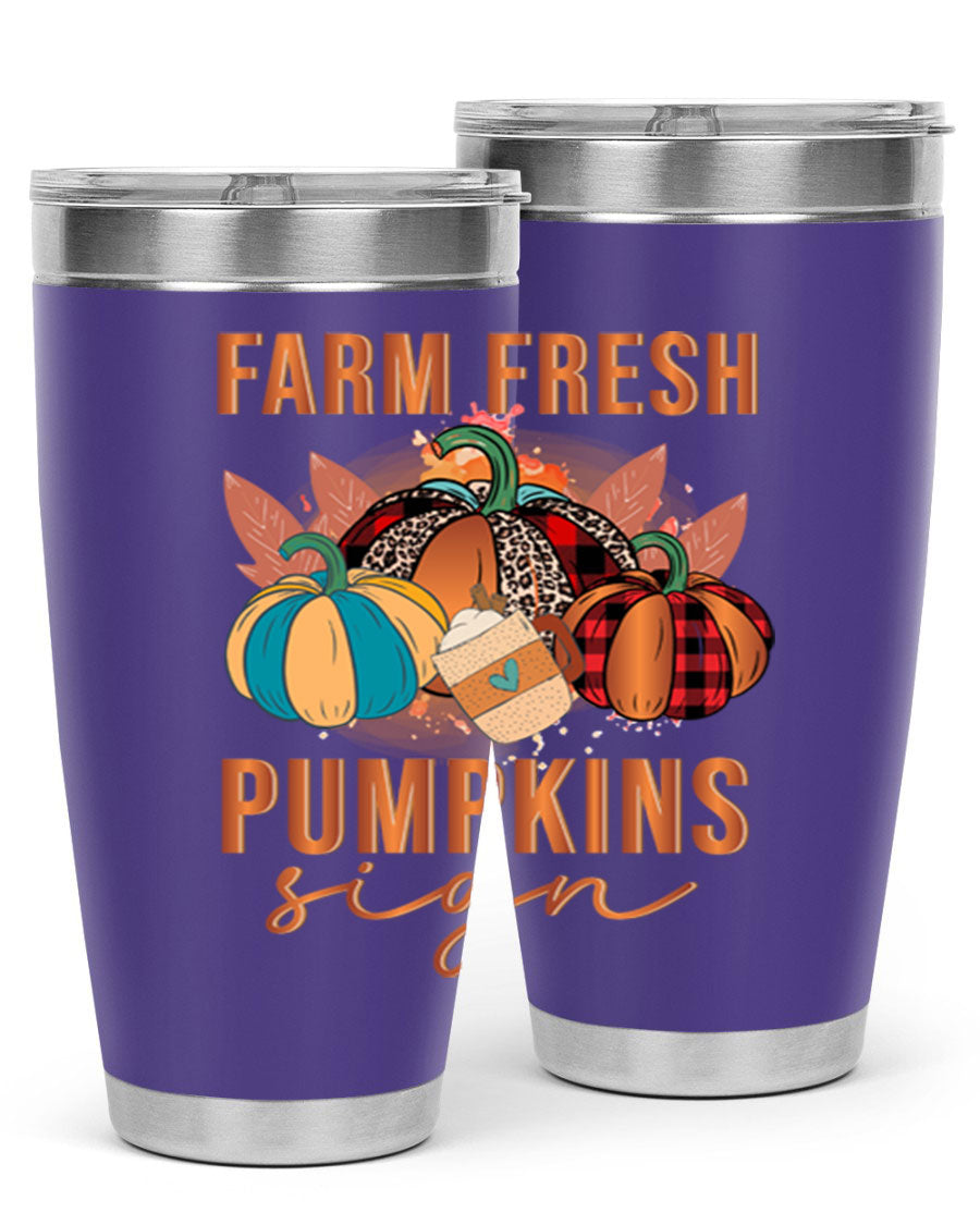 Farm Fresh Pumpkins Sign tumbler featuring a vibrant pumpkin design, made from stainless steel with a drink-thru lid.