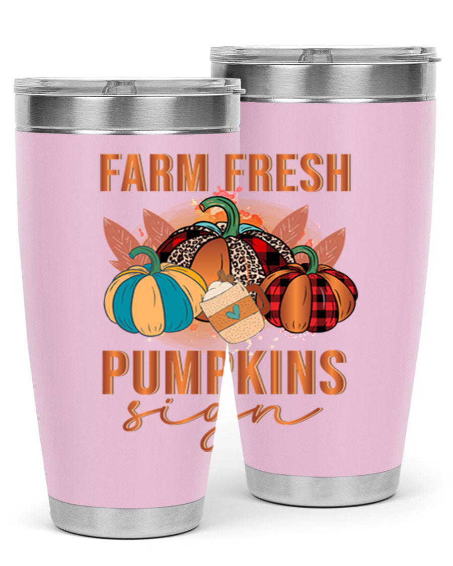 Farm Fresh Pumpkins Sign tumbler featuring a vibrant pumpkin design, made from stainless steel with a drink-thru lid.