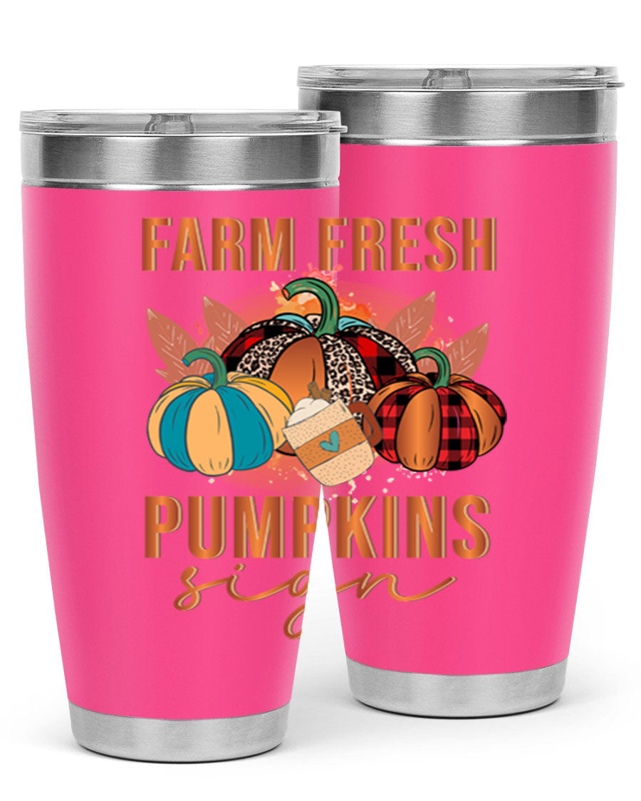 Farm Fresh Pumpkins Sign tumbler featuring a vibrant pumpkin design, made from stainless steel with a drink-thru lid.