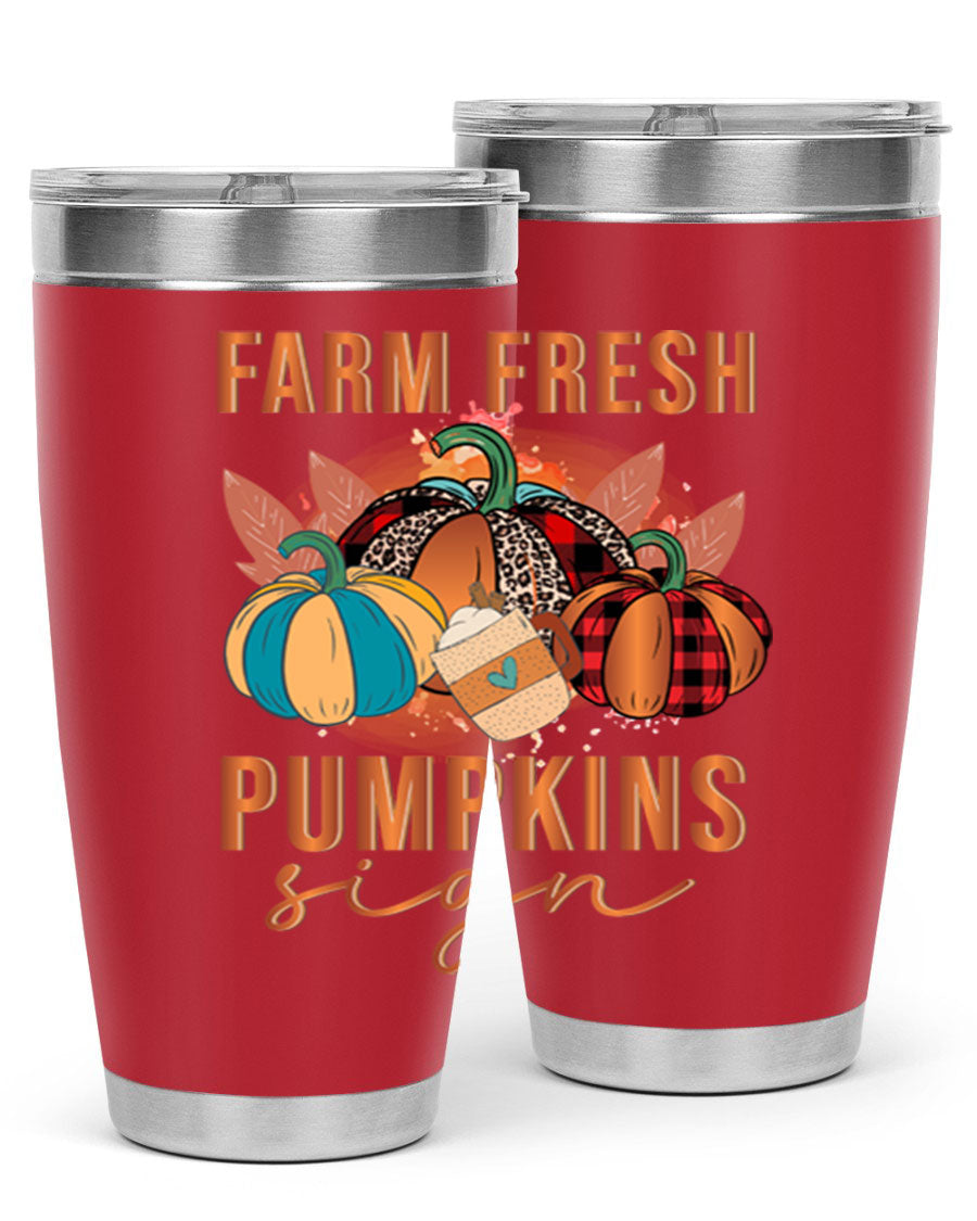 Farm Fresh Pumpkins Sign tumbler featuring a vibrant pumpkin design, made from stainless steel with a drink-thru lid.