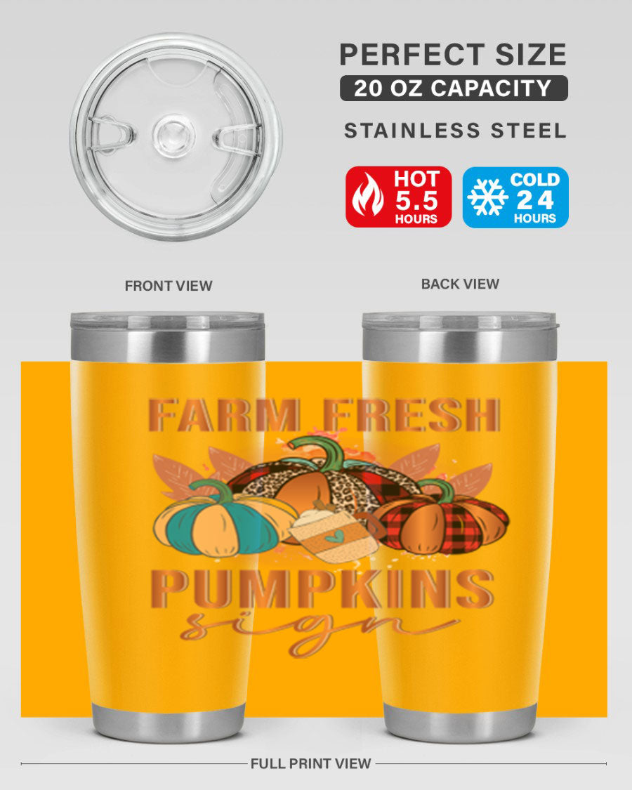 Farm Fresh Pumpkins Sign tumbler featuring a vibrant pumpkin design, made from stainless steel with a drink-thru lid.