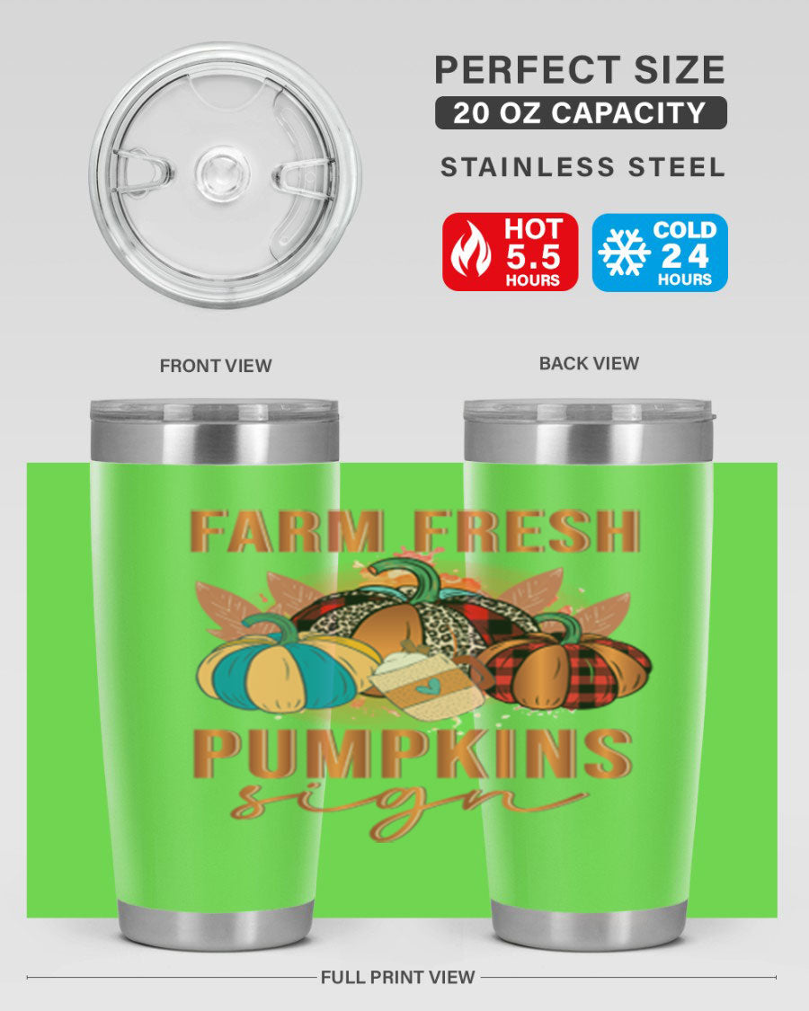 Farm Fresh Pumpkins Sign tumbler featuring a vibrant pumpkin design, made from stainless steel with a drink-thru lid.