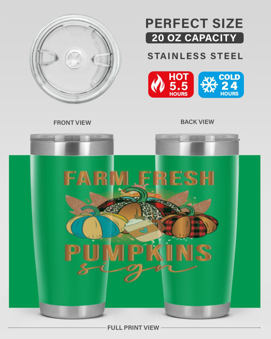 Farm Fresh Pumpkins Sign tumbler featuring a vibrant pumpkin design, made from stainless steel with a drink-thru lid.