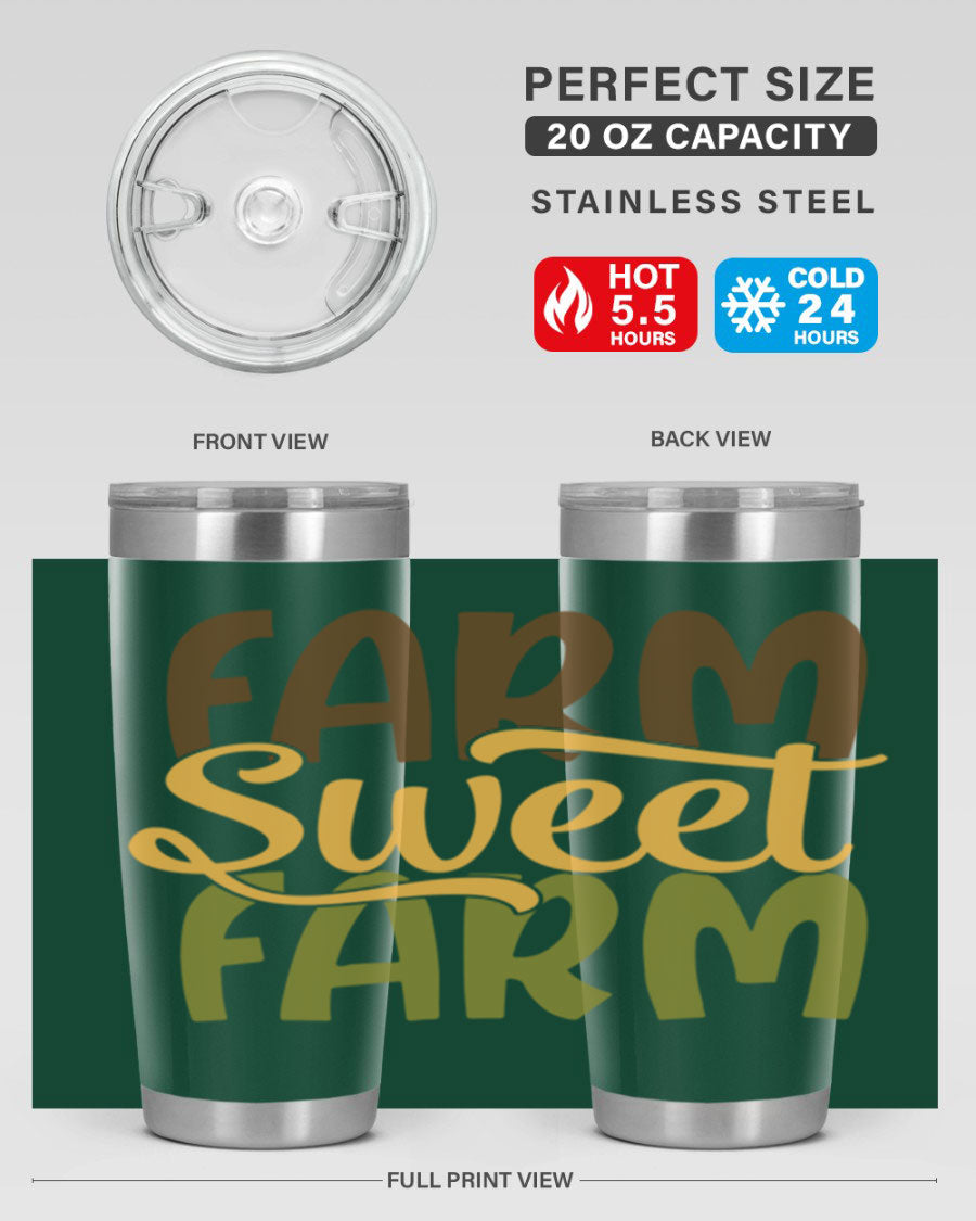 Farm Sweet Farm 20oz Tumbler made of stainless steel with a drink-thru lid, showcasing a vibrant farm-themed design.