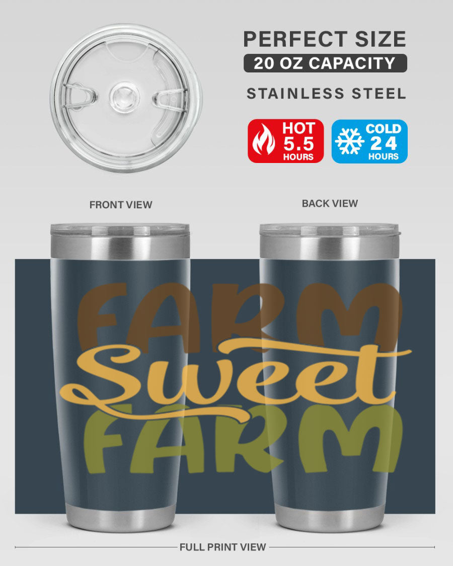 Farm Sweet Farm 20oz Tumbler made of stainless steel with a drink-thru lid, showcasing a vibrant farm-themed design.