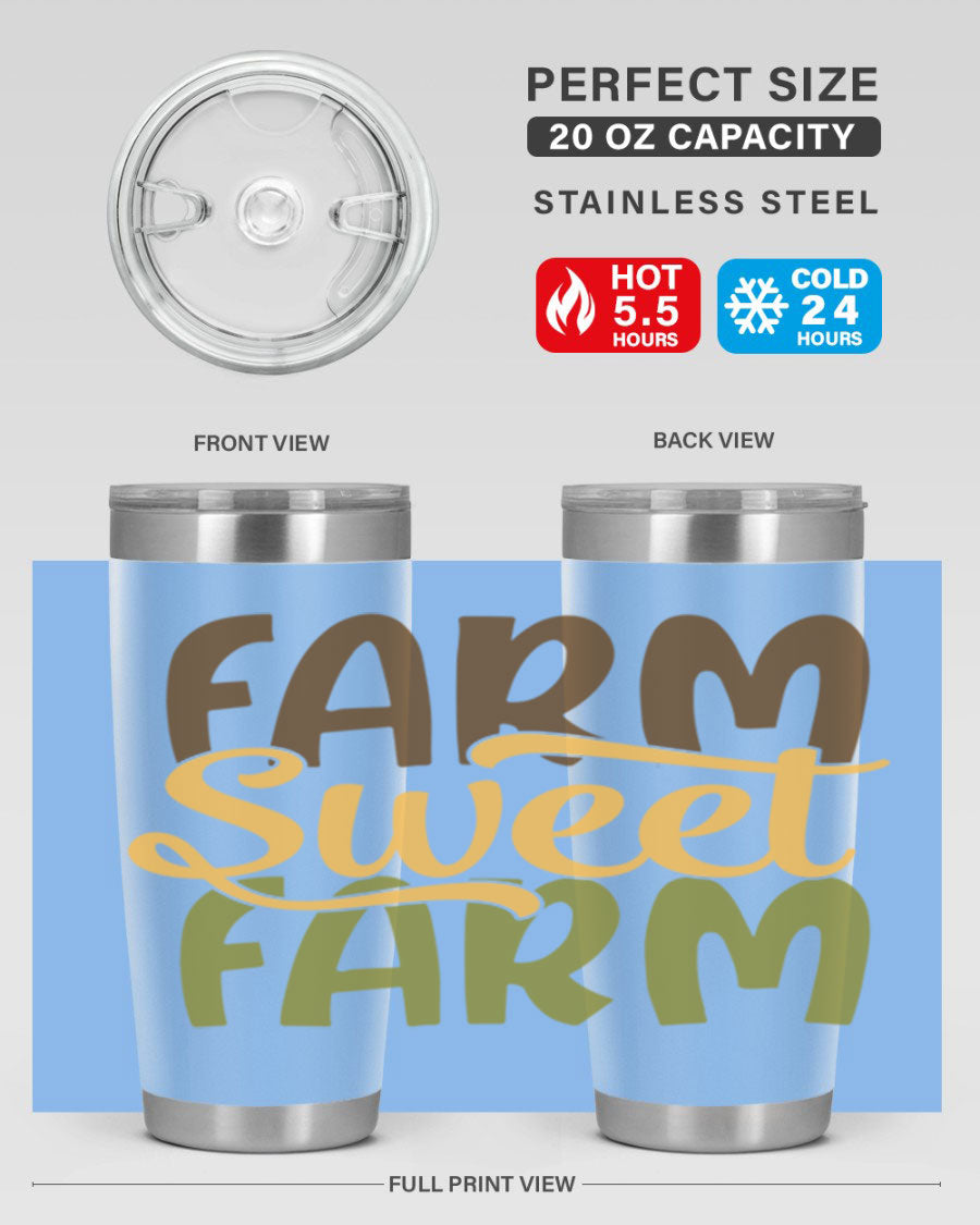 Farm Sweet Farm 20oz Tumbler made of stainless steel with a drink-thru lid, showcasing a vibrant farm-themed design.
