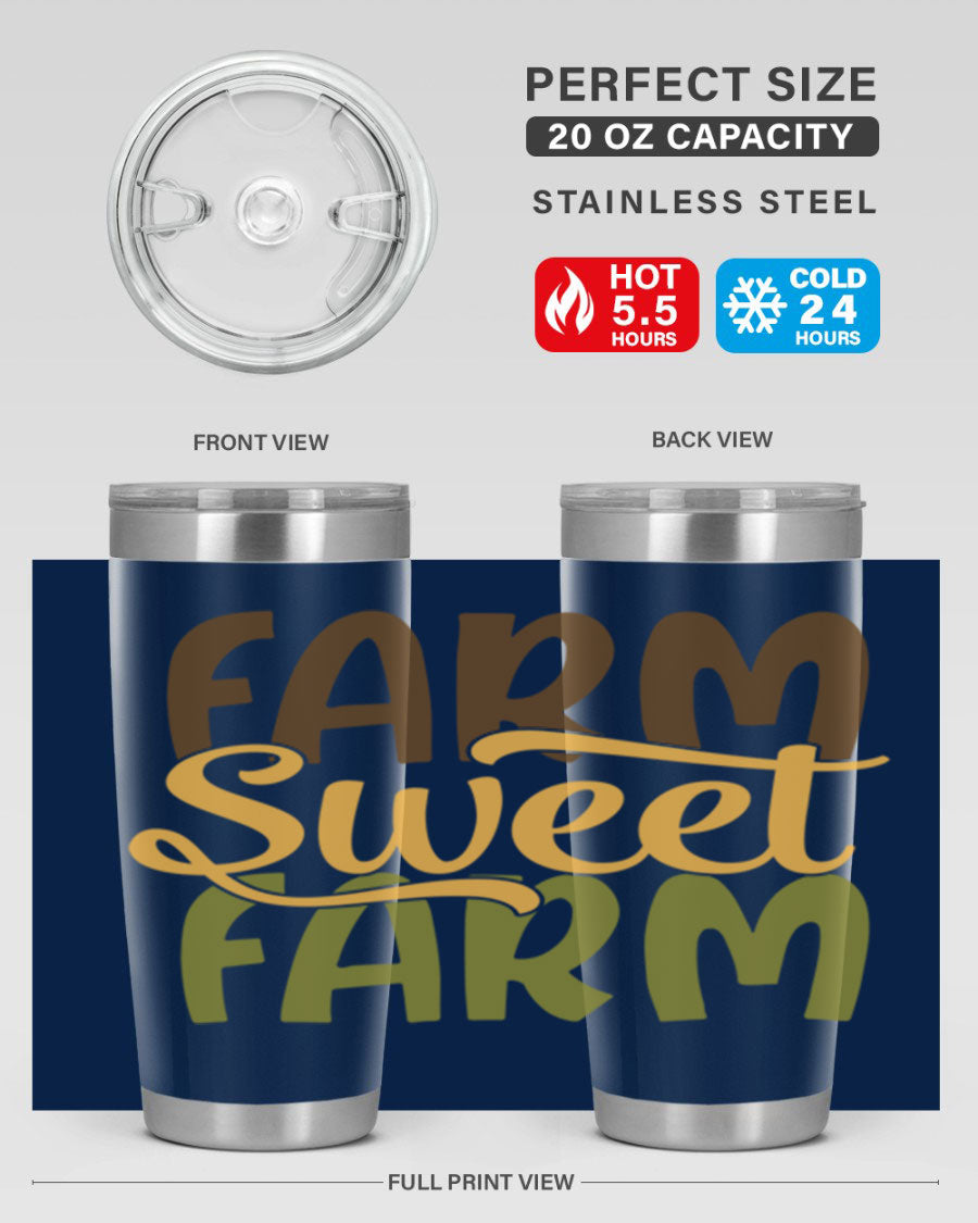 Farm Sweet Farm 20oz Tumbler made of stainless steel with a drink-thru lid, showcasing a vibrant farm-themed design.