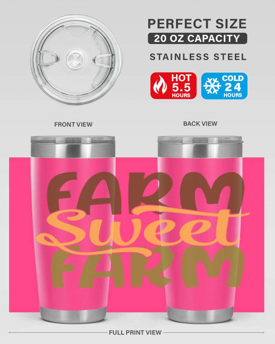 Farm Sweet Farm 20oz Tumbler made of stainless steel with a drink-thru lid, showcasing a vibrant farm-themed design.