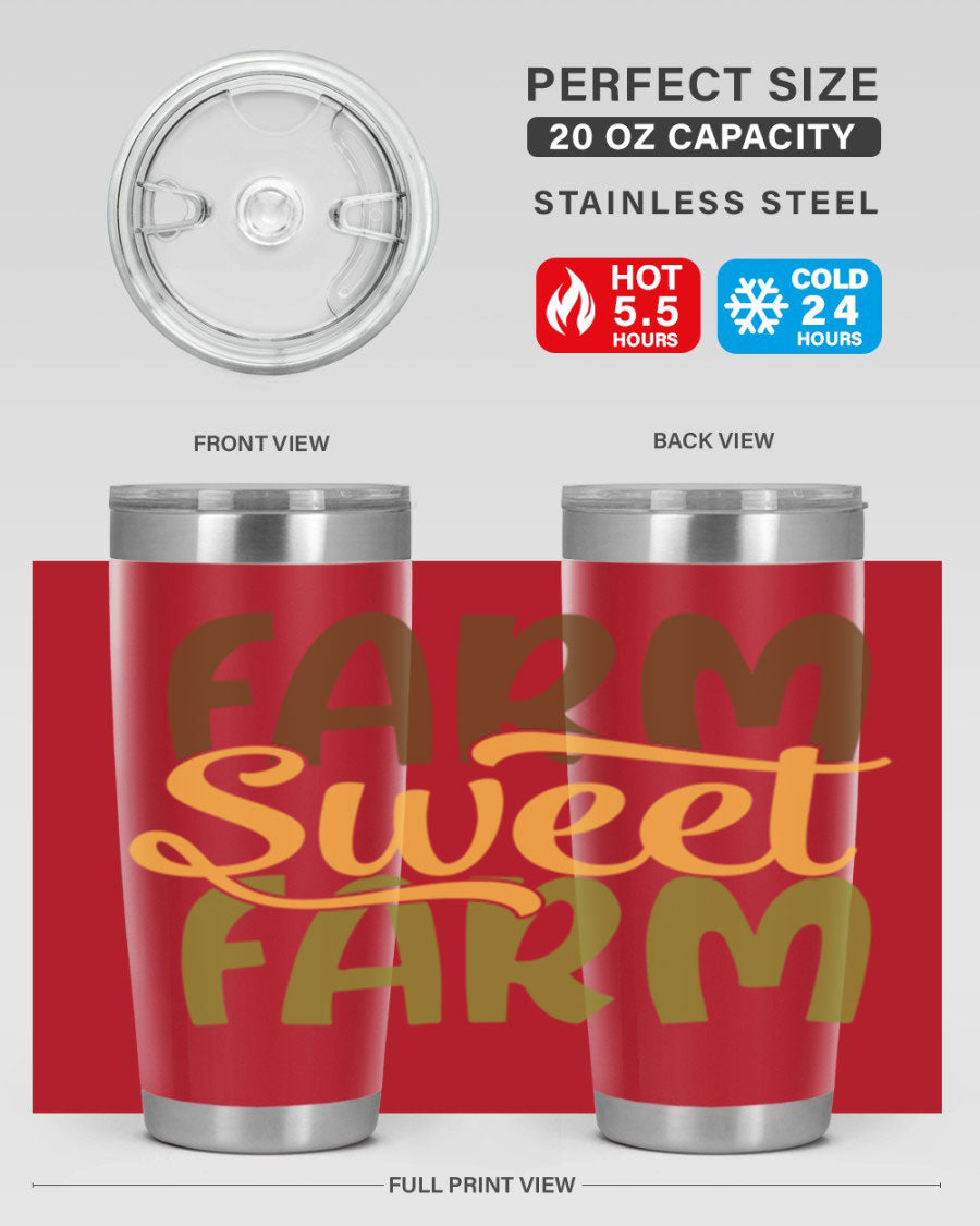 Farm Sweet Farm 20oz Tumbler made of stainless steel with a drink-thru lid, showcasing a vibrant farm-themed design.