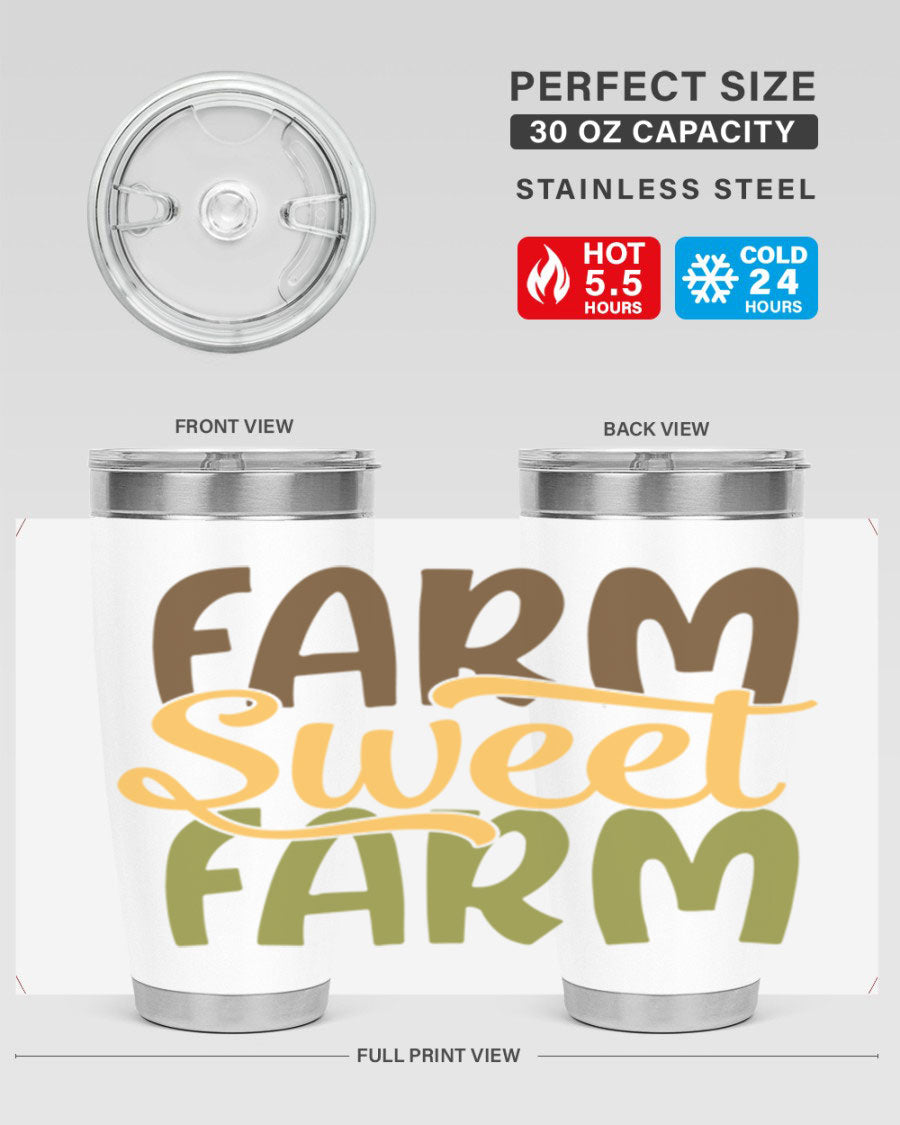 Farm Sweet Farm 20oz Tumbler made of stainless steel with a drink-thru lid, showcasing a vibrant farm-themed design.