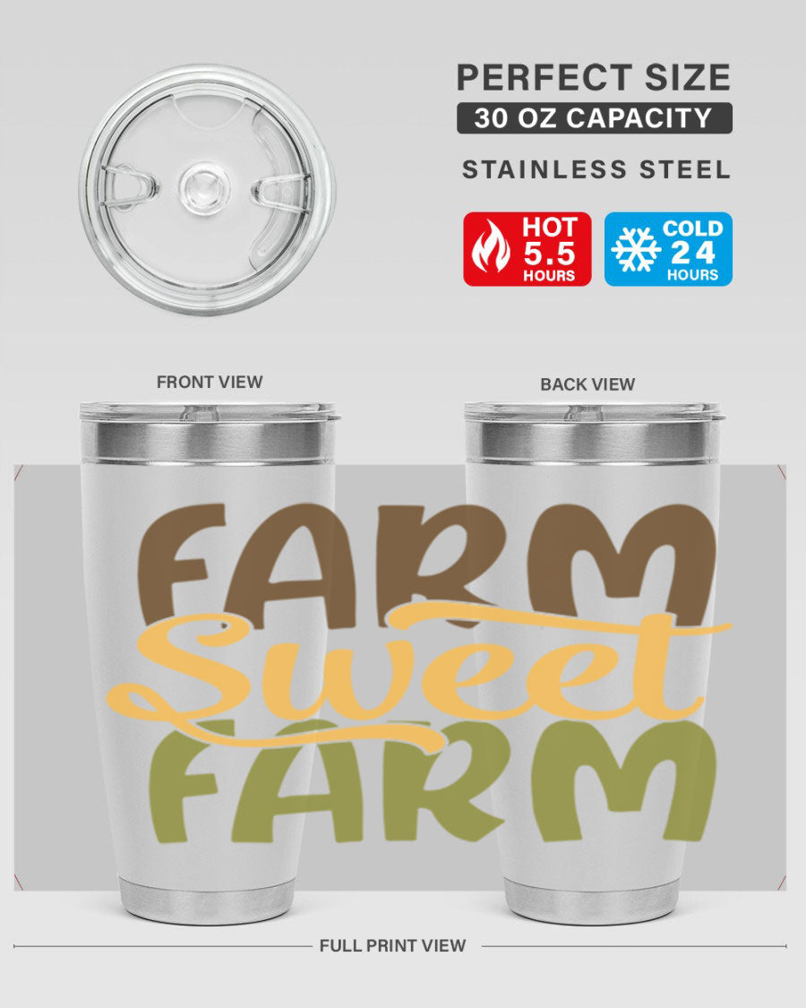 Farm Sweet Farm 20oz Tumbler made of stainless steel with a drink-thru lid, showcasing a vibrant farm-themed design.