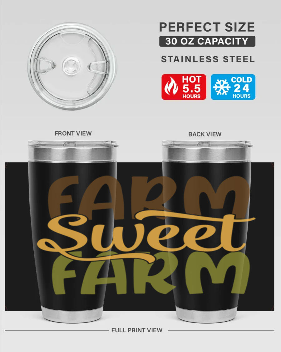 Farm Sweet Farm 20oz Tumbler made of stainless steel with a drink-thru lid, showcasing a vibrant farm-themed design.
