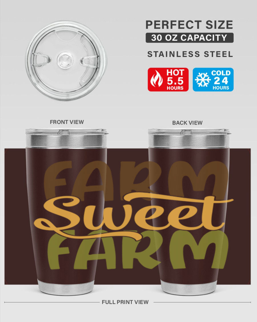 Farm Sweet Farm 20oz Tumbler made of stainless steel with a drink-thru lid, showcasing a vibrant farm-themed design.
