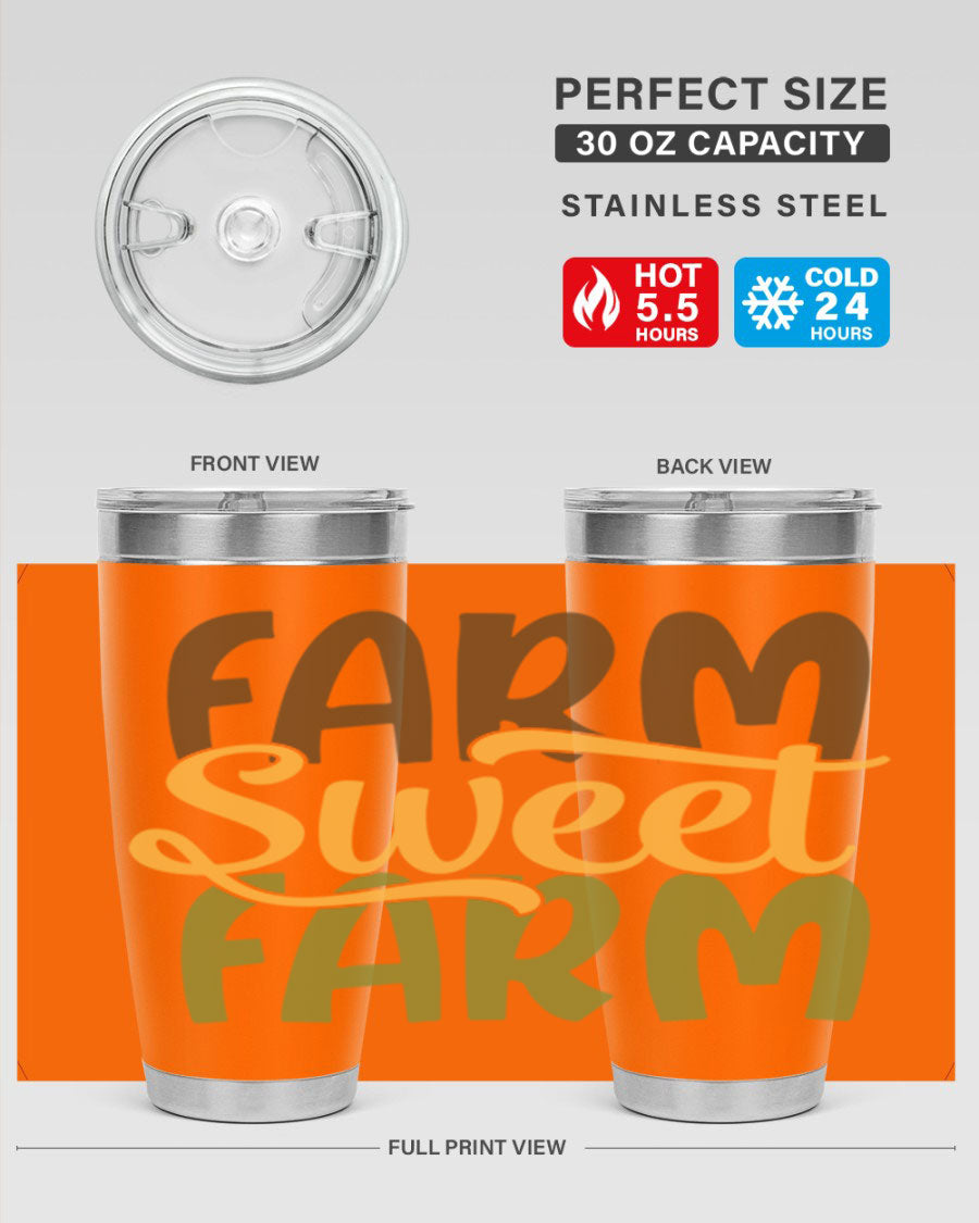 Farm Sweet Farm 20oz Tumbler made of stainless steel with a drink-thru lid, showcasing a vibrant farm-themed design.