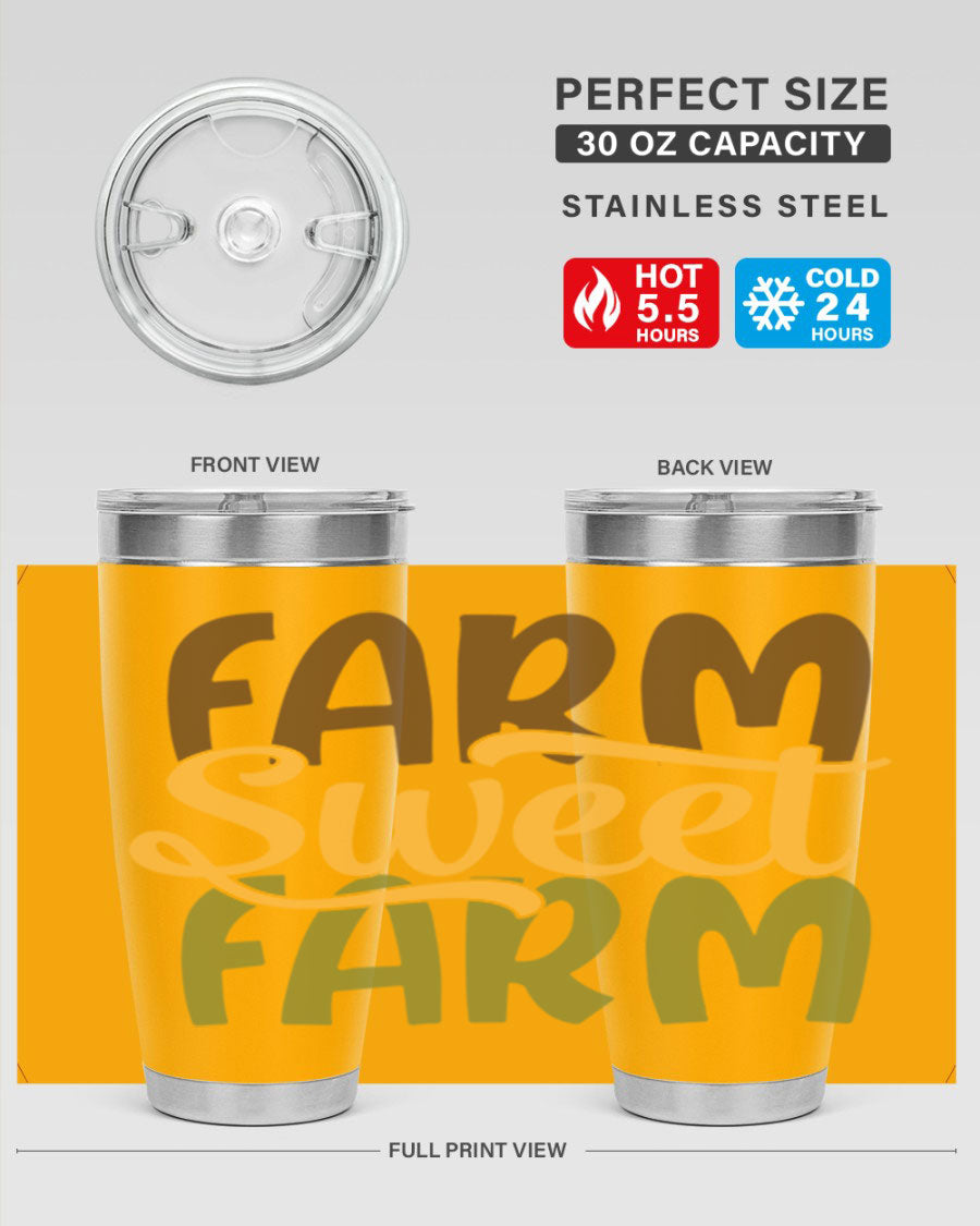 Farm Sweet Farm 20oz Tumbler made of stainless steel with a drink-thru lid, showcasing a vibrant farm-themed design.
