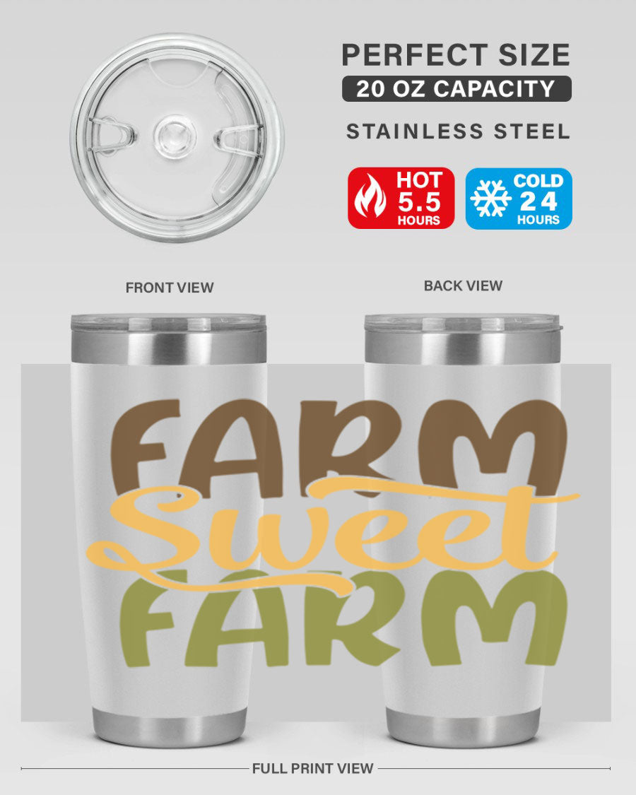 Farm Sweet Farm 20oz Tumbler made of stainless steel with a drink-thru lid, showcasing a vibrant farm-themed design.