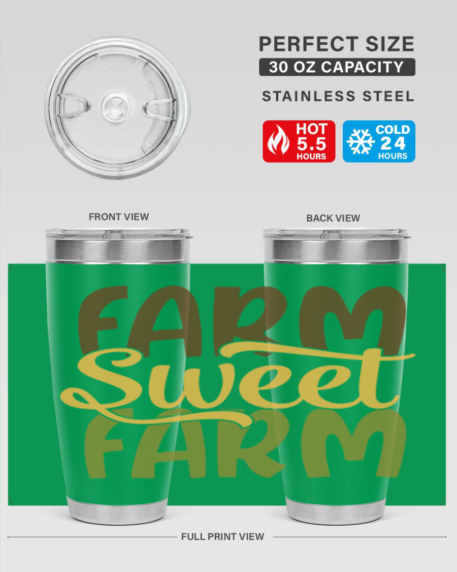Farm Sweet Farm 20oz Tumbler made of stainless steel with a drink-thru lid, showcasing a vibrant farm-themed design.