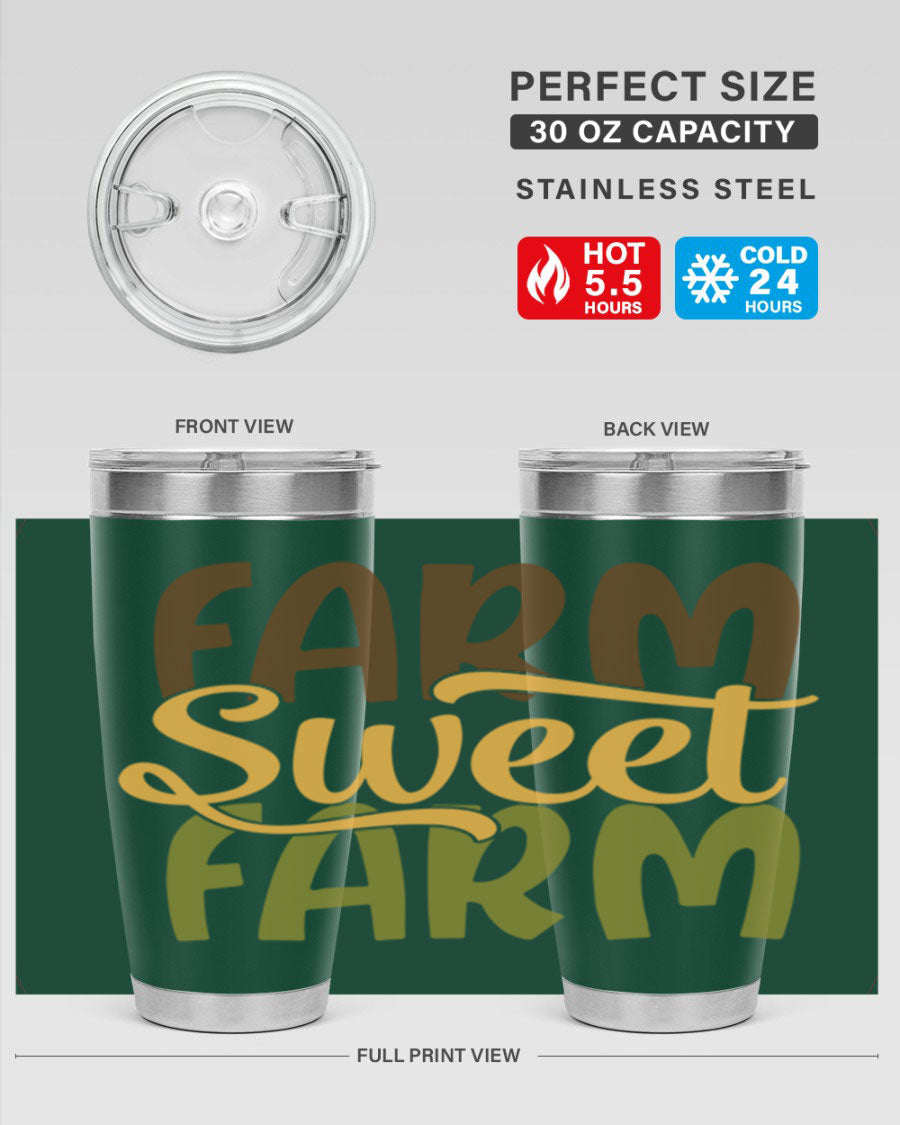 Farm Sweet Farm 20oz Tumbler made of stainless steel with a drink-thru lid, showcasing a vibrant farm-themed design.