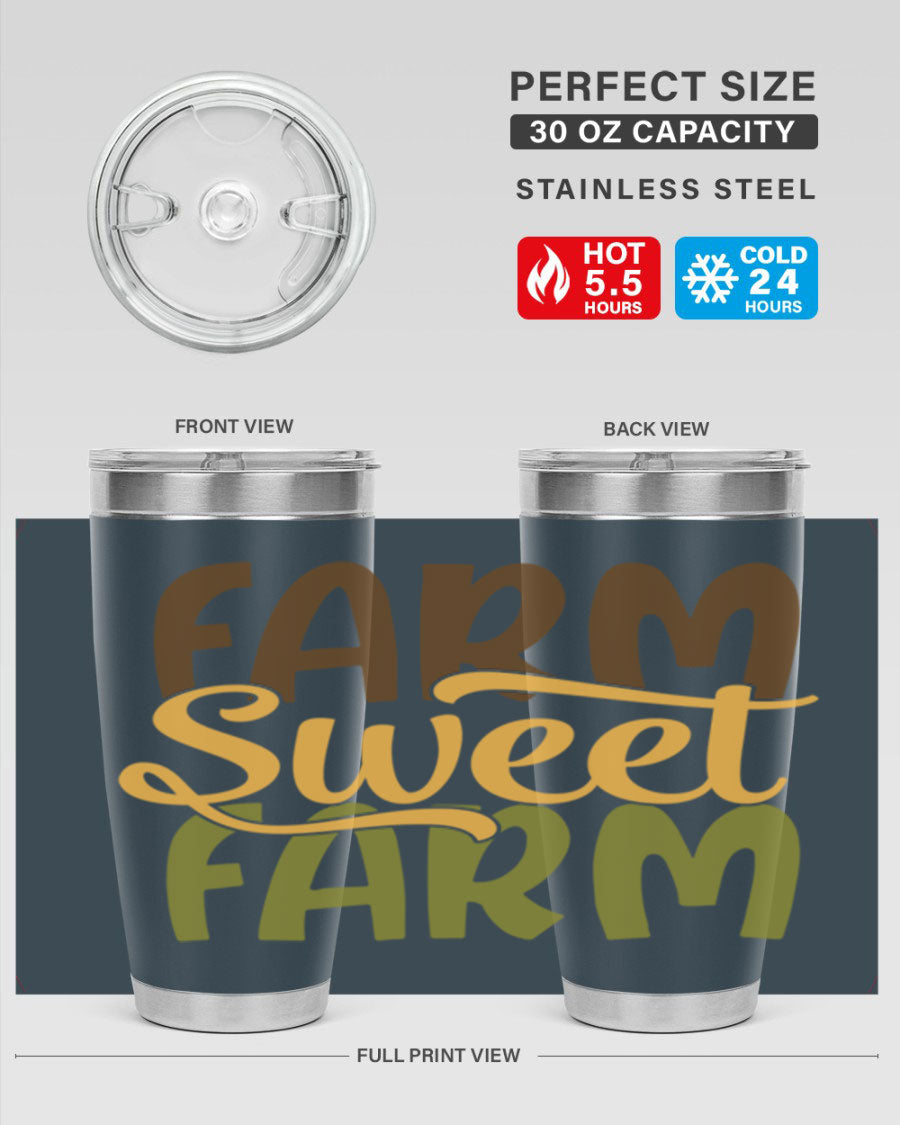 Farm Sweet Farm 20oz Tumbler made of stainless steel with a drink-thru lid, showcasing a vibrant farm-themed design.
