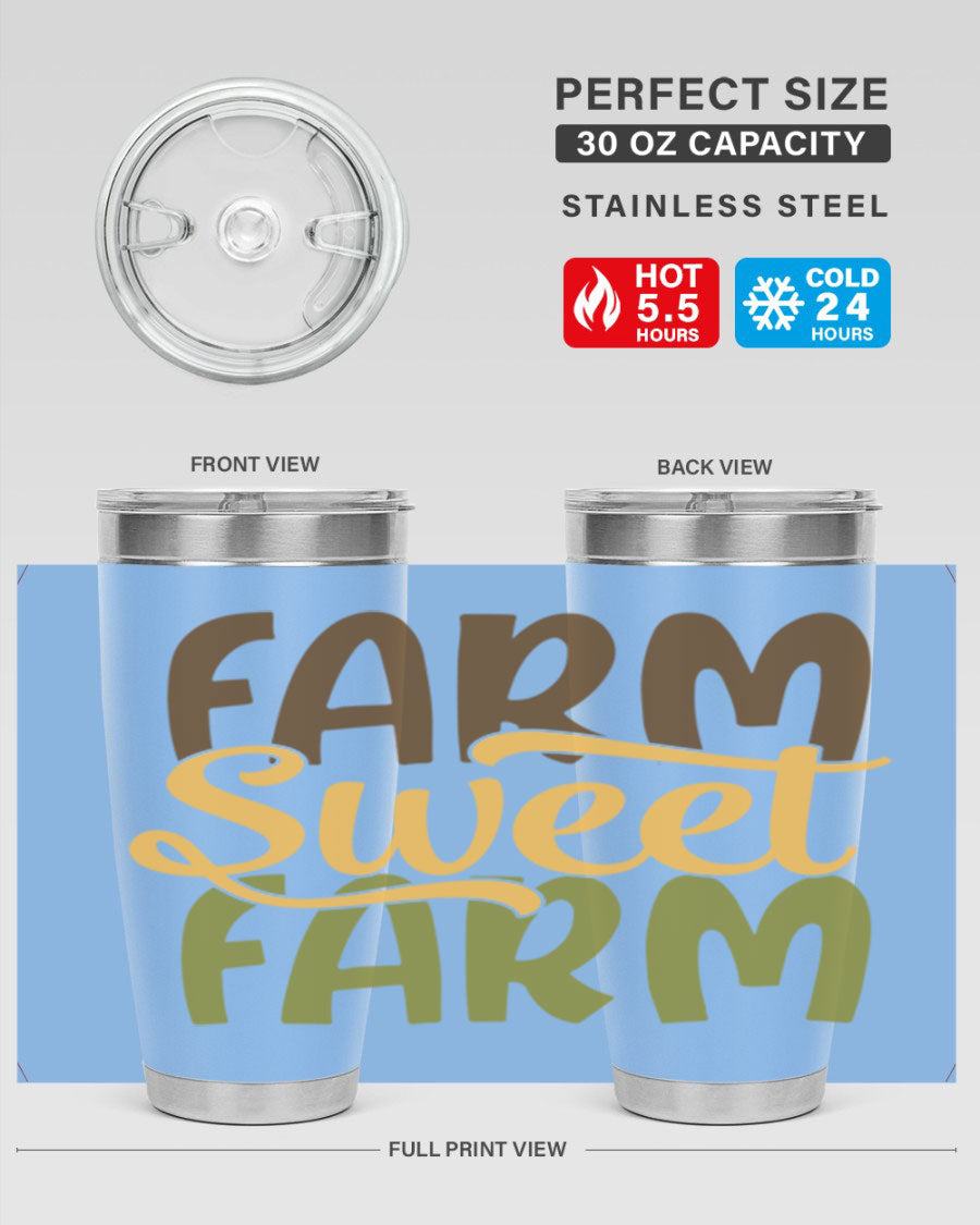 Farm Sweet Farm 20oz Tumbler made of stainless steel with a drink-thru lid, showcasing a vibrant farm-themed design.