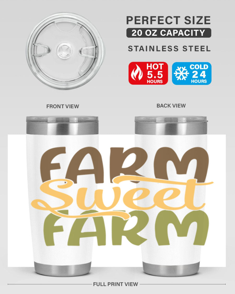 Farm Sweet Farm 20oz Tumbler made of stainless steel with a drink-thru lid, showcasing a vibrant farm-themed design.