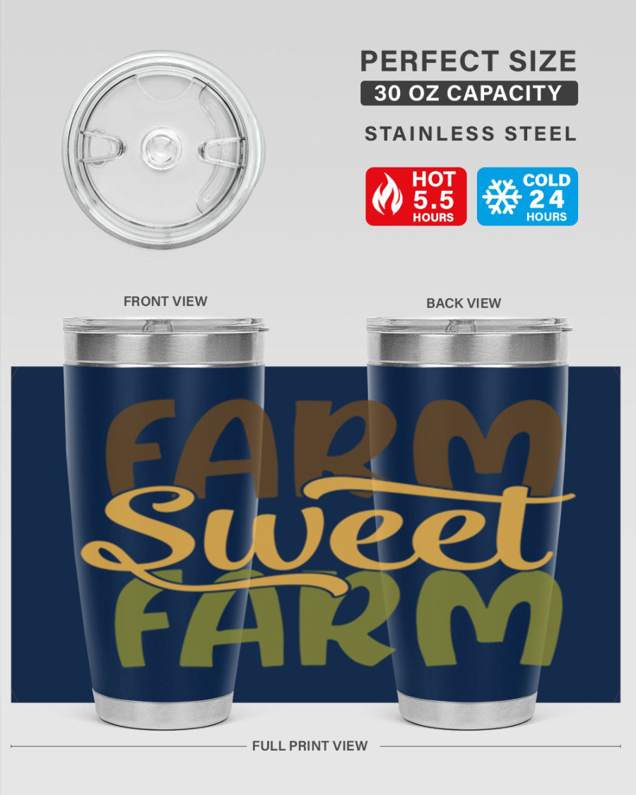 Farm Sweet Farm 20oz Tumbler made of stainless steel with a drink-thru lid, showcasing a vibrant farm-themed design.
