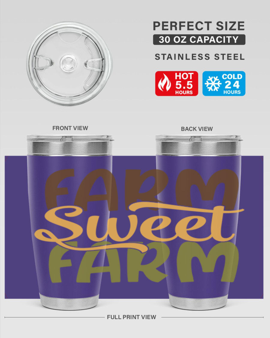 Farm Sweet Farm 20oz Tumbler made of stainless steel with a drink-thru lid, showcasing a vibrant farm-themed design.