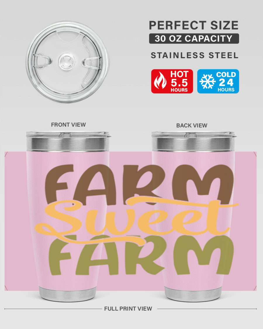 Farm Sweet Farm 20oz Tumbler made of stainless steel with a drink-thru lid, showcasing a vibrant farm-themed design.