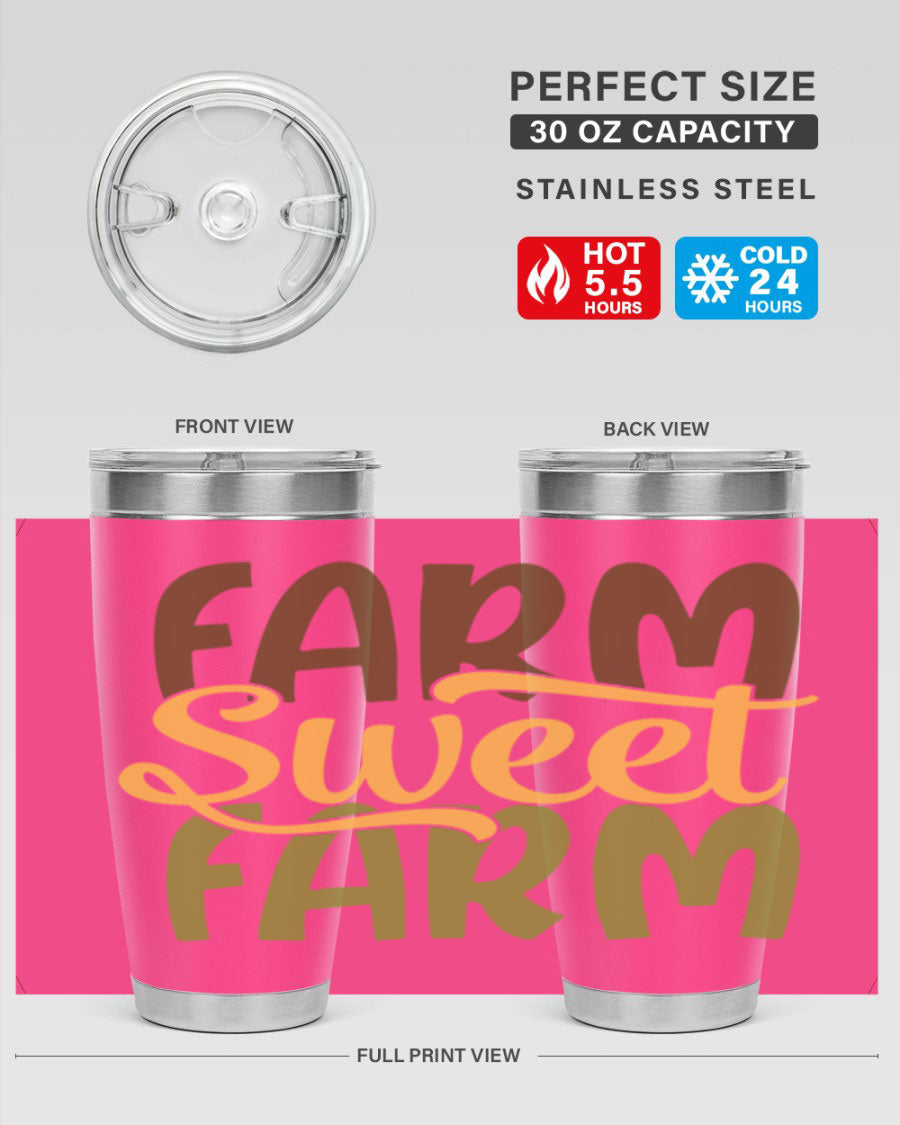 Farm Sweet Farm 20oz Tumbler made of stainless steel with a drink-thru lid, showcasing a vibrant farm-themed design.