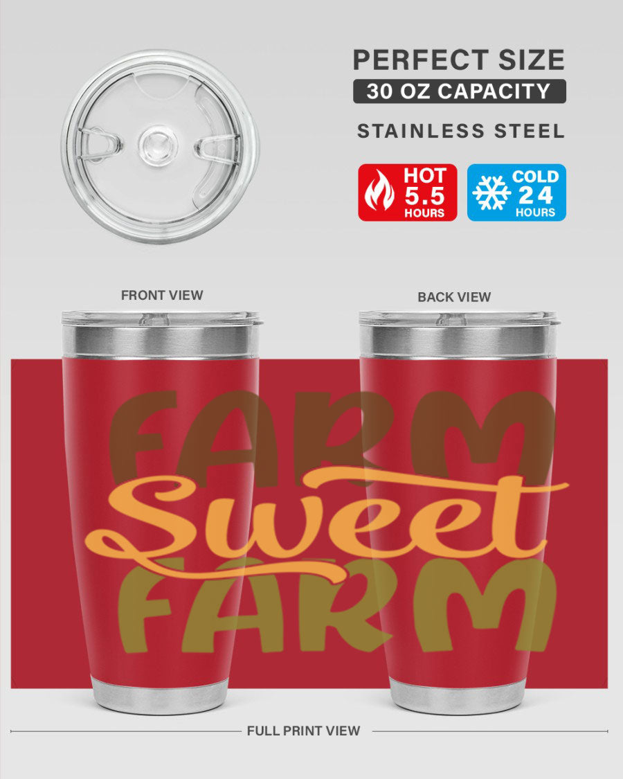 Farm Sweet Farm 20oz Tumbler made of stainless steel with a drink-thru lid, showcasing a vibrant farm-themed design.