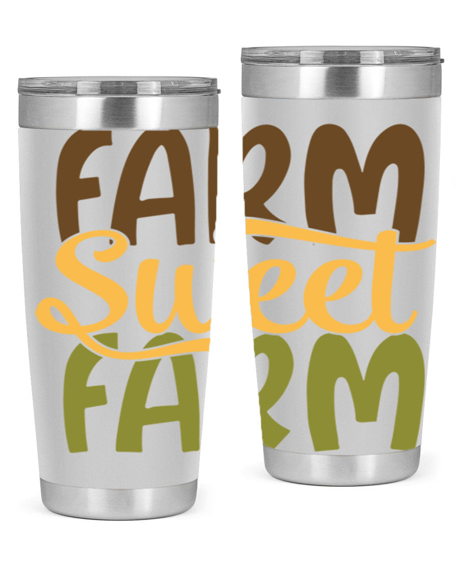 Farm Sweet Farm 20oz Tumbler made of stainless steel with a drink-thru lid, showcasing a vibrant farm-themed design.