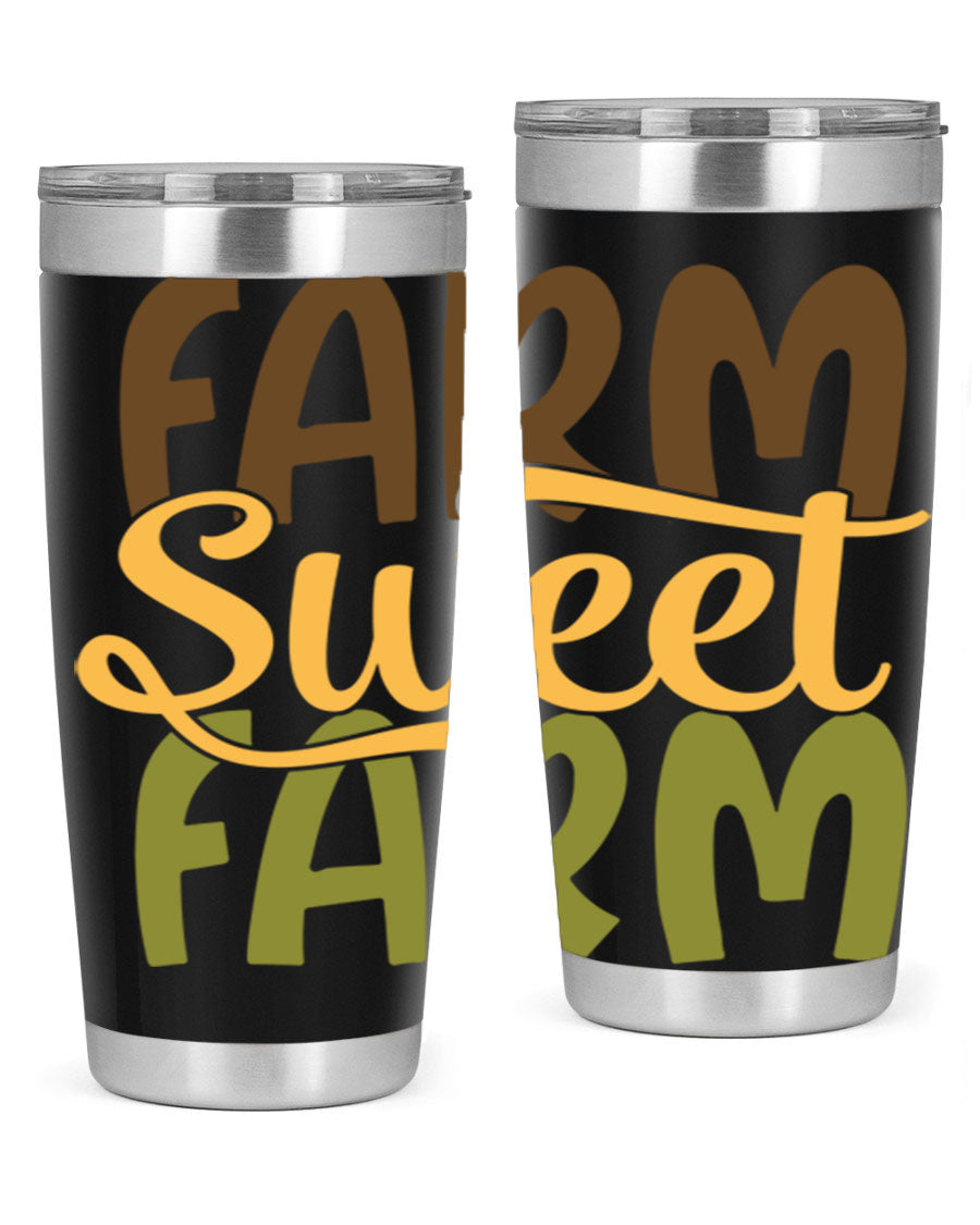 Farm Sweet Farm 20oz Tumbler made of stainless steel with a drink-thru lid, showcasing a vibrant farm-themed design.