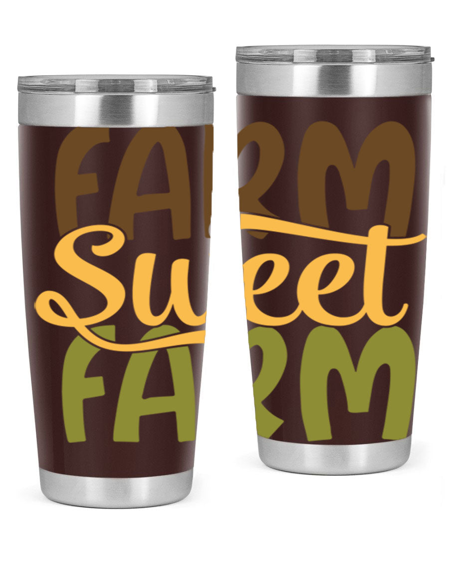 Farm Sweet Farm 20oz Tumbler made of stainless steel with a drink-thru lid, showcasing a vibrant farm-themed design.