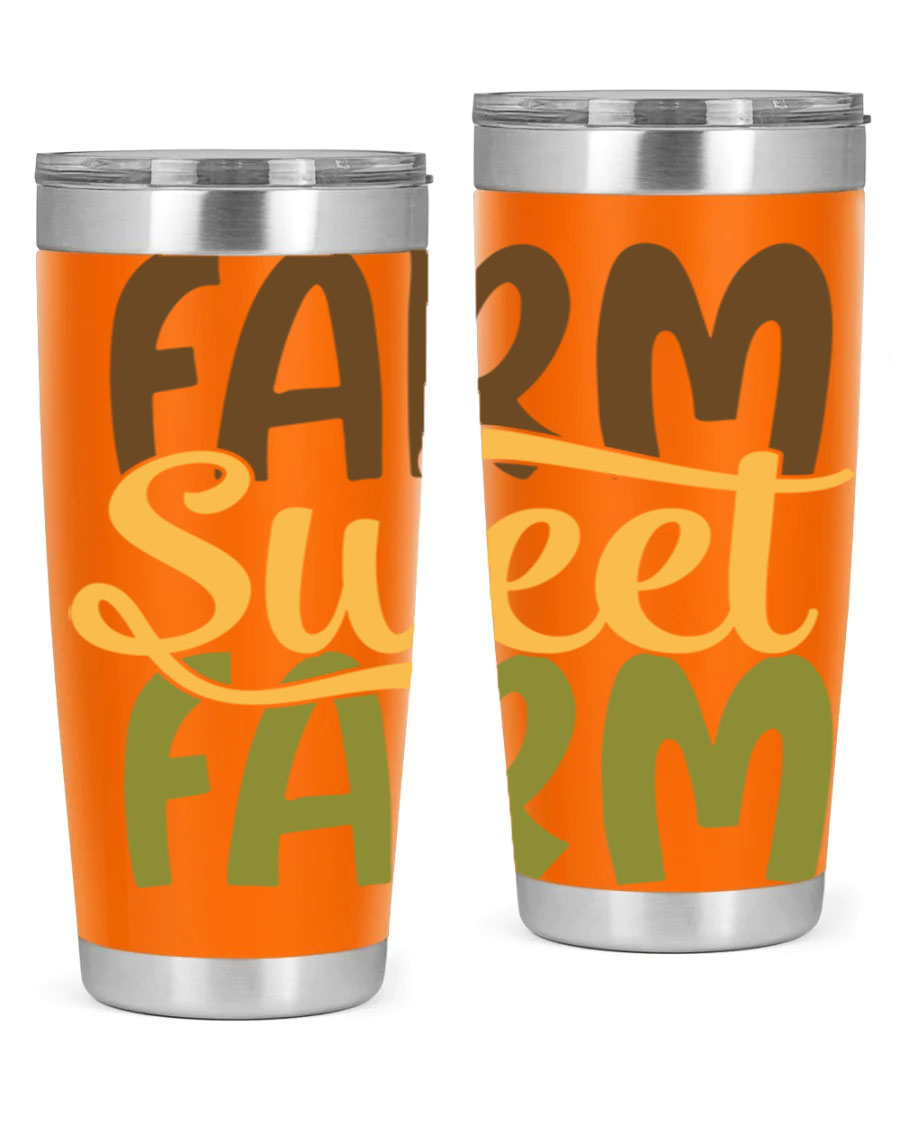 Farm Sweet Farm 20oz Tumbler made of stainless steel with a drink-thru lid, showcasing a vibrant farm-themed design.
