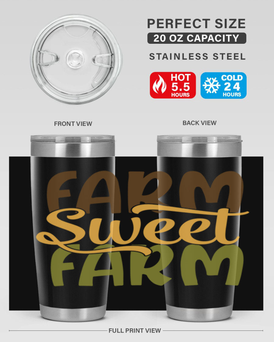 Farm Sweet Farm 20oz Tumbler made of stainless steel with a drink-thru lid, showcasing a vibrant farm-themed design.