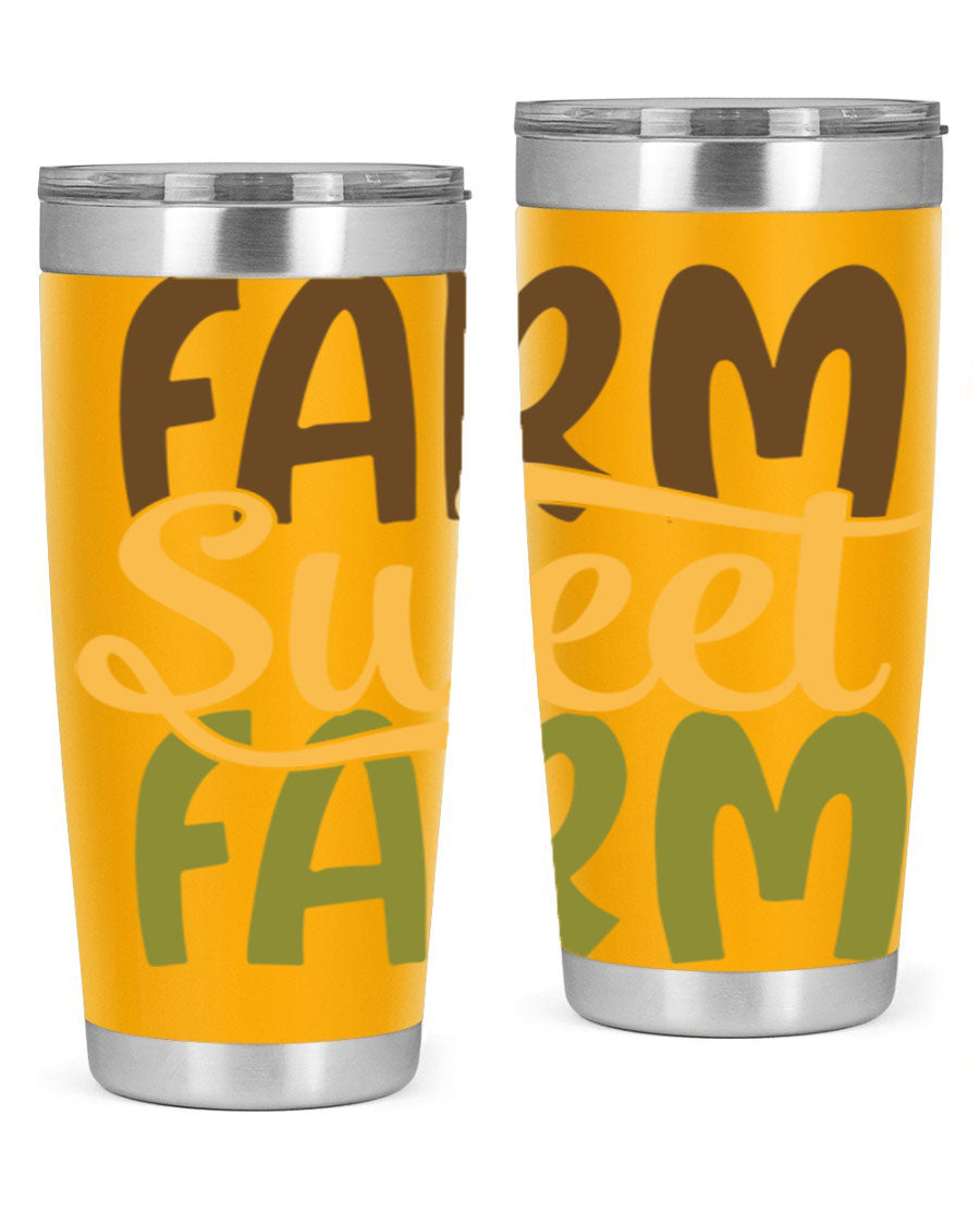 Farm Sweet Farm 20oz Tumbler made of stainless steel with a drink-thru lid, showcasing a vibrant farm-themed design.