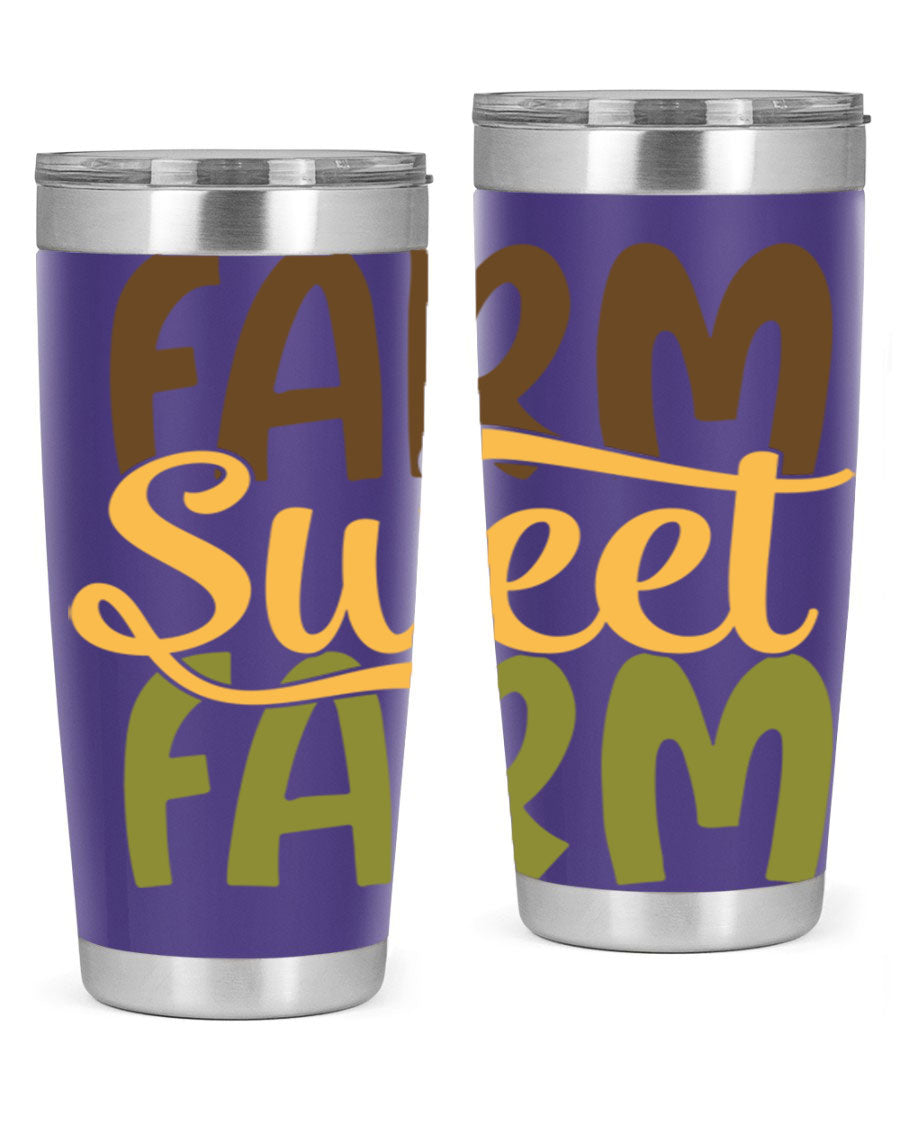 Farm Sweet Farm 20oz Tumbler made of stainless steel with a drink-thru lid, showcasing a vibrant farm-themed design.