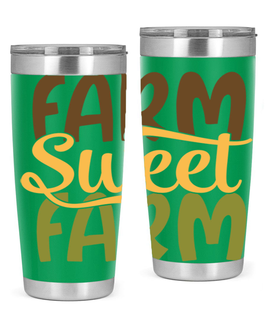 Farm Sweet Farm 20oz Tumbler made of stainless steel with a drink-thru lid, showcasing a vibrant farm-themed design.