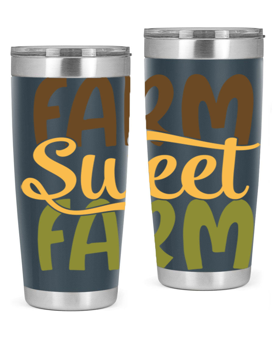 Farm Sweet Farm 20oz Tumbler made of stainless steel with a drink-thru lid, showcasing a vibrant farm-themed design.