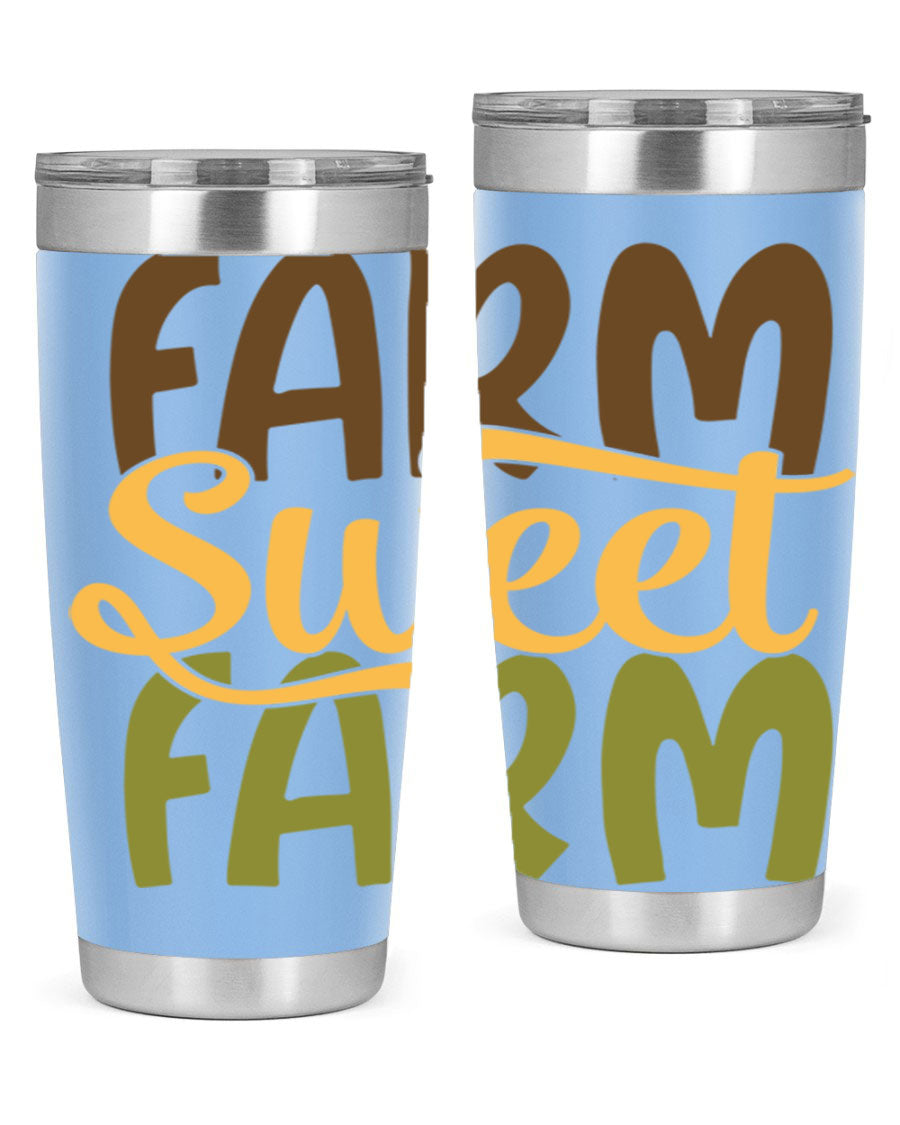 Farm Sweet Farm 20oz Tumbler made of stainless steel with a drink-thru lid, showcasing a vibrant farm-themed design.