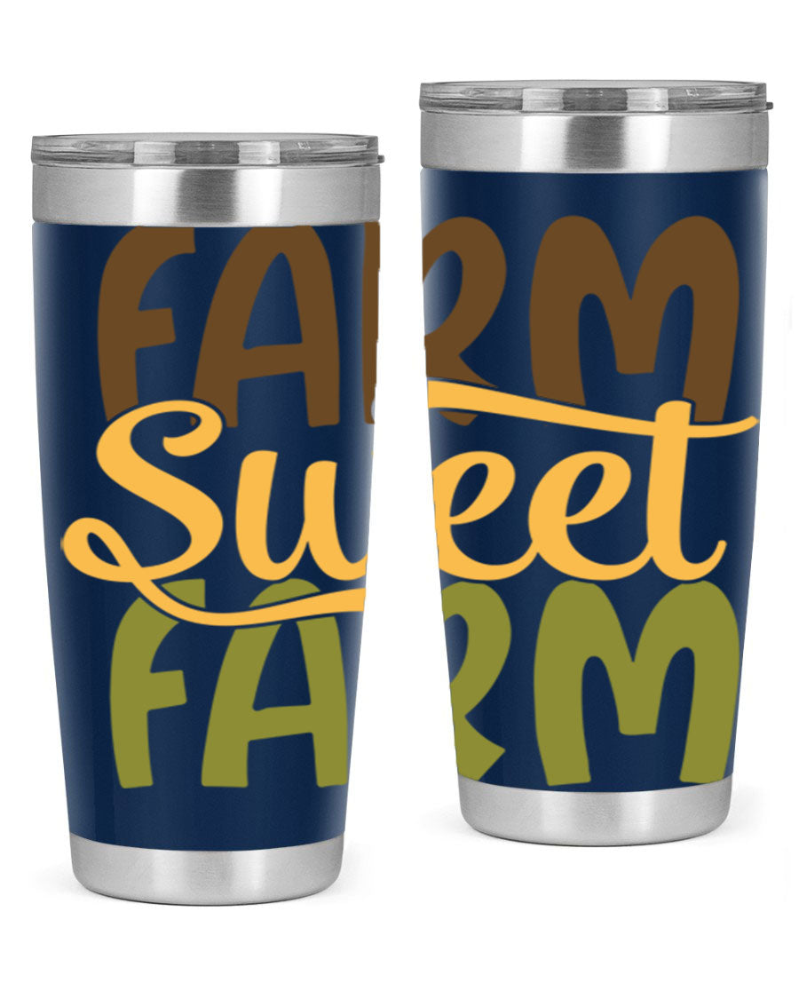 Farm Sweet Farm 20oz Tumbler made of stainless steel with a drink-thru lid, showcasing a vibrant farm-themed design.
