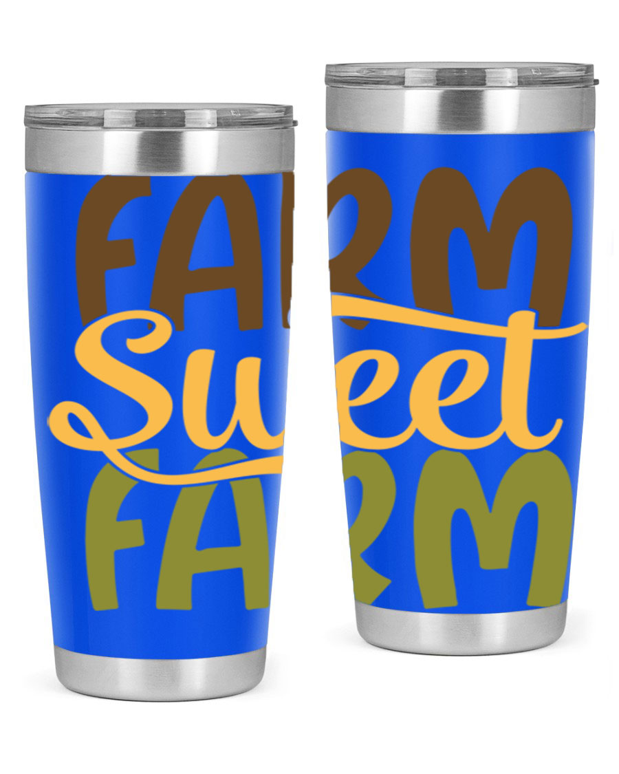 Farm Sweet Farm 20oz Tumbler made of stainless steel with a drink-thru lid, showcasing a vibrant farm-themed design.
